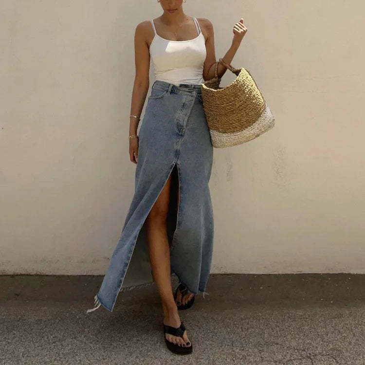 GETADME Long Skirt Women Vintage Denim Split Hip Skirts High Waist Button Stretch Washed Distressed A Line Female 2025 Streetwear