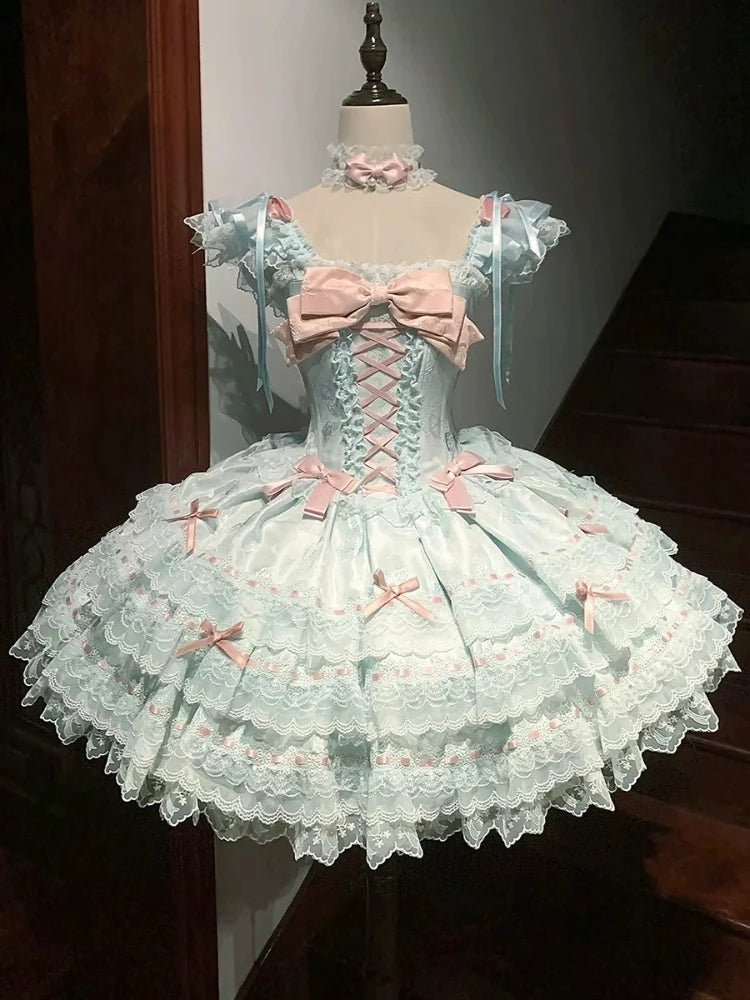 GETADME Japanese Sweet Lolita Kawaii  Fluffy Dress Women JK Lovely Ballet Princess Cake Dresses Harajuku Lace Bow Patchwork Cute Outfit