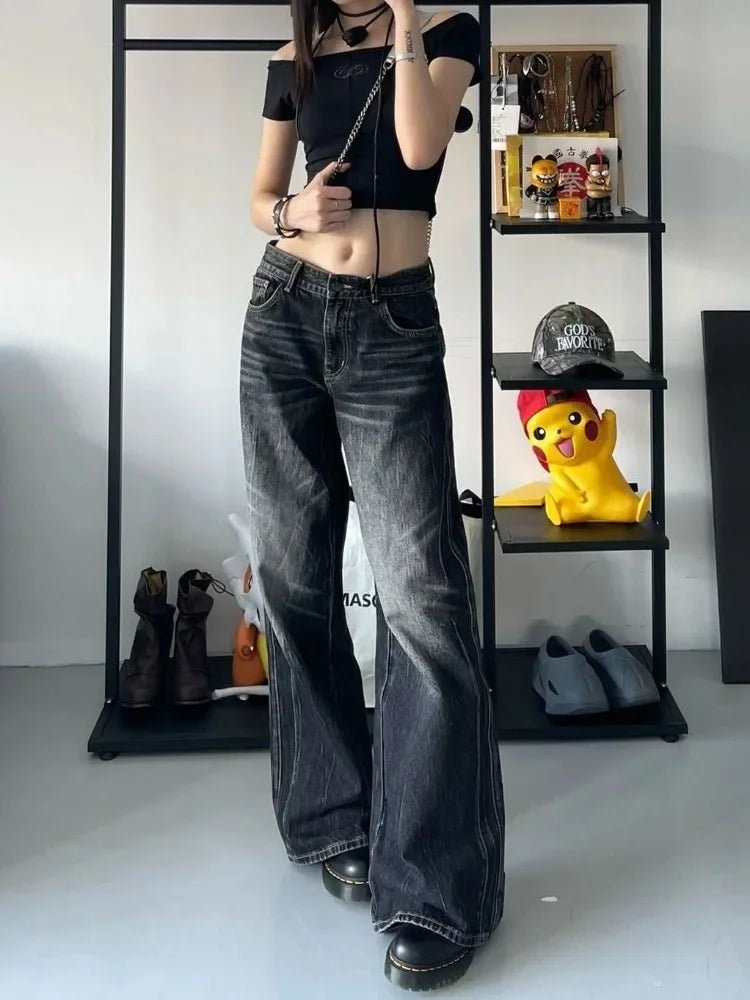 GETADME Grunge Y2k Black Jeans Women Baggy Vintage High Street Oversized Denim Trousers Gothic Gyaru 2000s Acubi Fashion Jeans