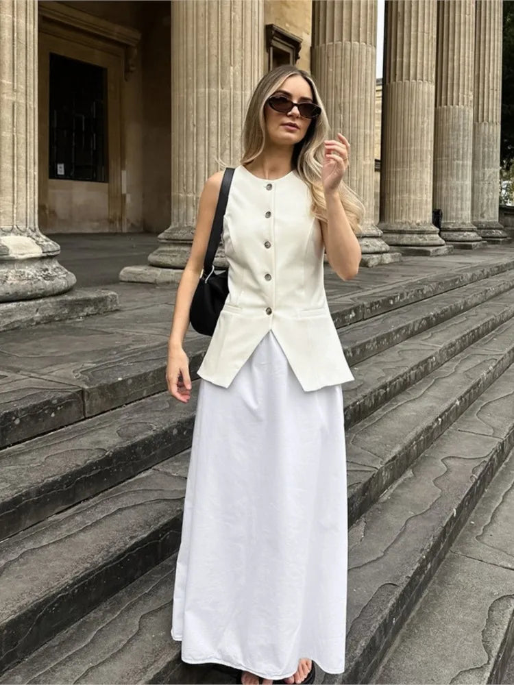 GETADME Cotton Linen White Long Skirt High Waist Zipper Casual Autumn Skirt New Fashion Spring Skirts Female Clothing