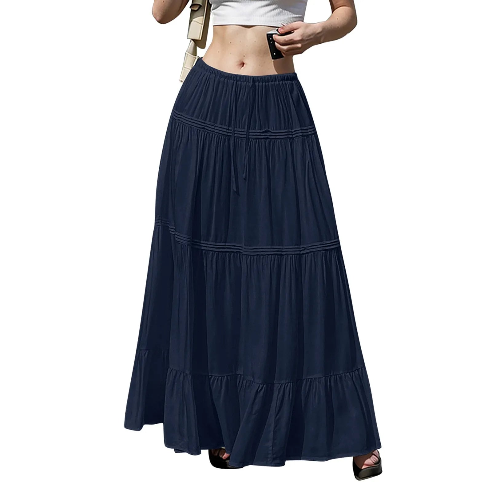 GETADME Women’s Flowy Skirts Fashion Flared Ruffle Hem A Line Maxi Skirts Elastic Waist Elegant Tiered Layer Simple Solid Long Skirts