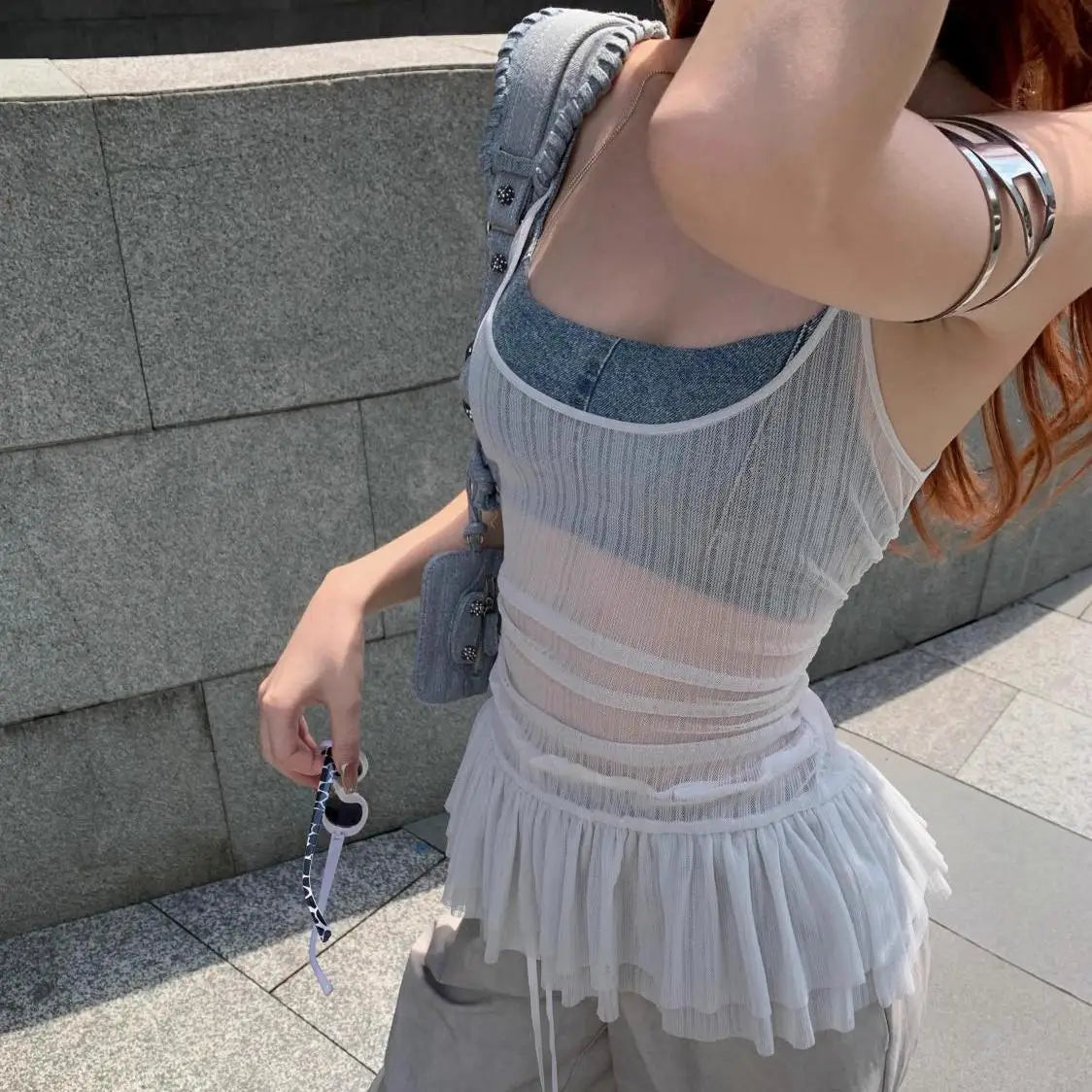 GETADME Women's Mesh Perspective Suspender Plain Sleeveless Ruffle Edge Short Style Tops Light Gray Backless Delicate Strappy Vest Tops