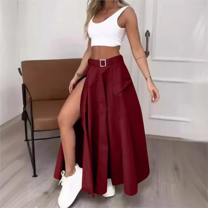 GETADME Women Fashion Solid Casual High Waist Skirt Set Summer White Tank Zipper Decoration With Belts Pockets High Slit Maxi Skirt Sets