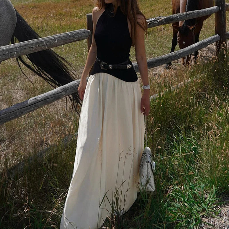 GETADME Holiday Stylish 2025 Summer Halter Sleeveless Backless Women Fashion Pleated Hem Patchwork Floor-length A-line Dresses Vestidos