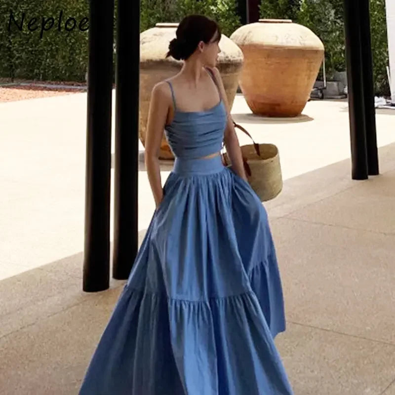 GETADME Neploe Sexy Two Piece Set 2025 Summer Femme French Style V-neck Slim Fit Short Suspended Tank Top High Waist Large Swing Skirt