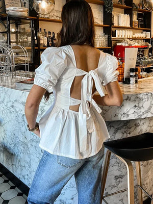 Getadme-Fashion Backless Short Sleeve Shirts For Women Casual Back Lace Up Tops 2024 Spring Summer Chic Ladies Shirt Loose Streetwear - GETADME