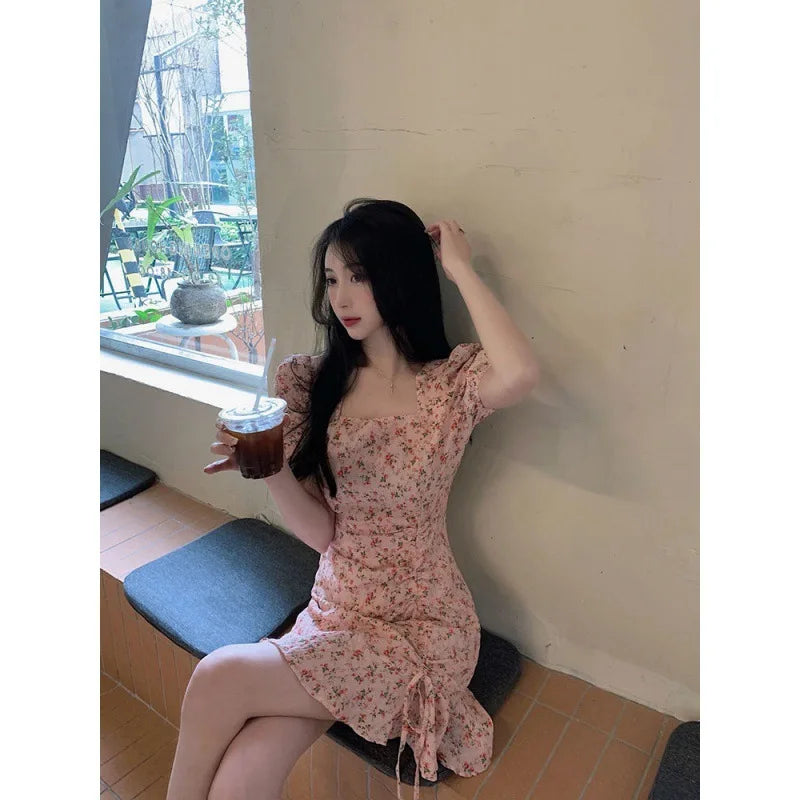 Getadme-Floral Dress Gentle Wind Women Summer Design Artistic Skirt Korean Style Fashion Dress Bubble Sleeve Rustic Casual Style