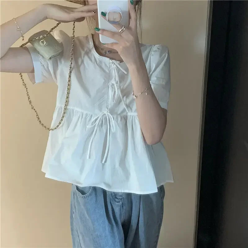GETADME Ruffles Shirts and Blouses Korea Short Sleeve Top Women 2025 Summer Lace-up Sweet Blouses Cute Elegant Solid Sweet Folds Clothes