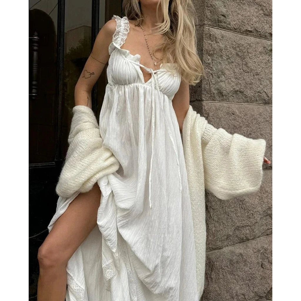 GETADME Combhasaki Womens Vintage Floral Lace Trim Tie-up Square Neck Sleeveless Backless Empire Waist Ruffled Hem Swing Long Tank Dress