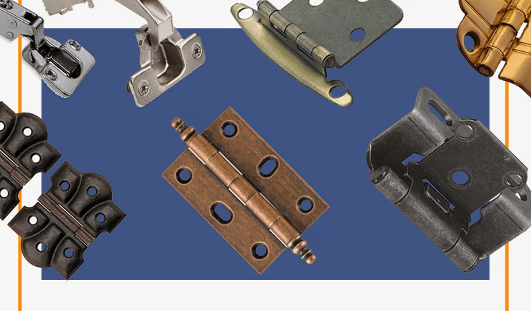 Six different styles of cabinet hinges showcased top down.