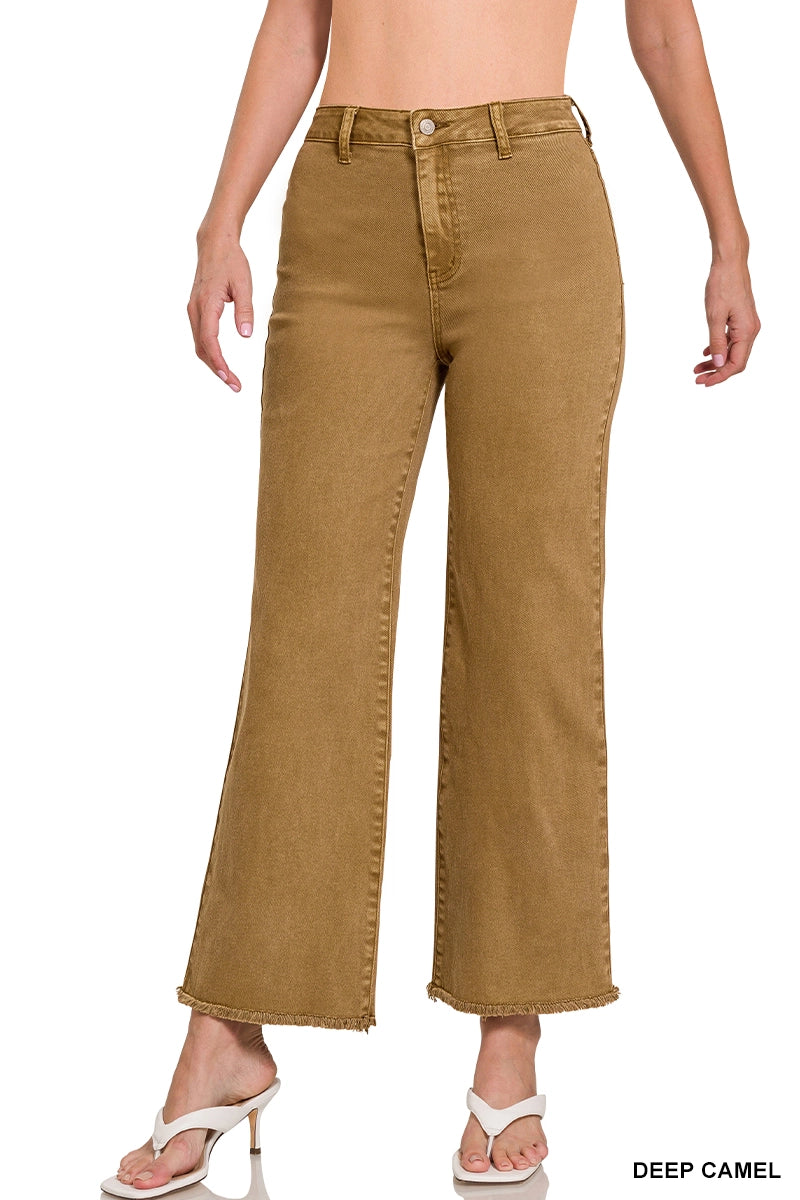 Acid Washed Frayed Cutoff Hem Straight Wide Pants