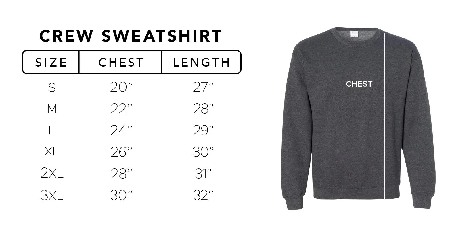 crew sweatshirt size chart