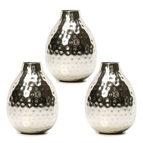 3 Silver Color Metal Bud Floral Vases