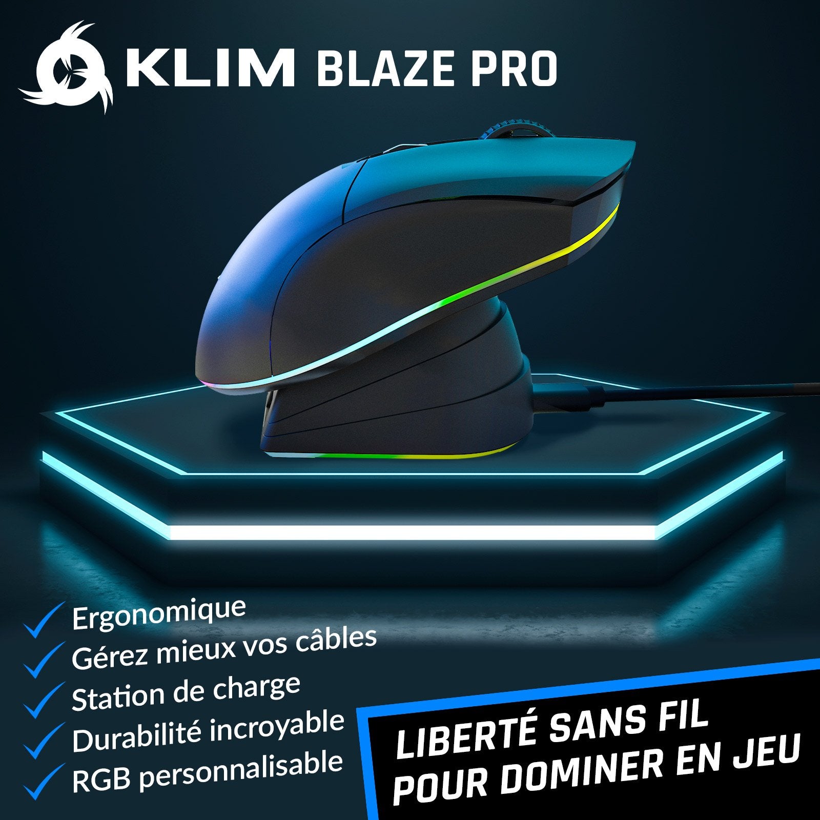 KLIM Blaze X RGB + NOUVEAUTÉ 2023 + Souris Gamer sans Fil Rechargeable avec  Station de