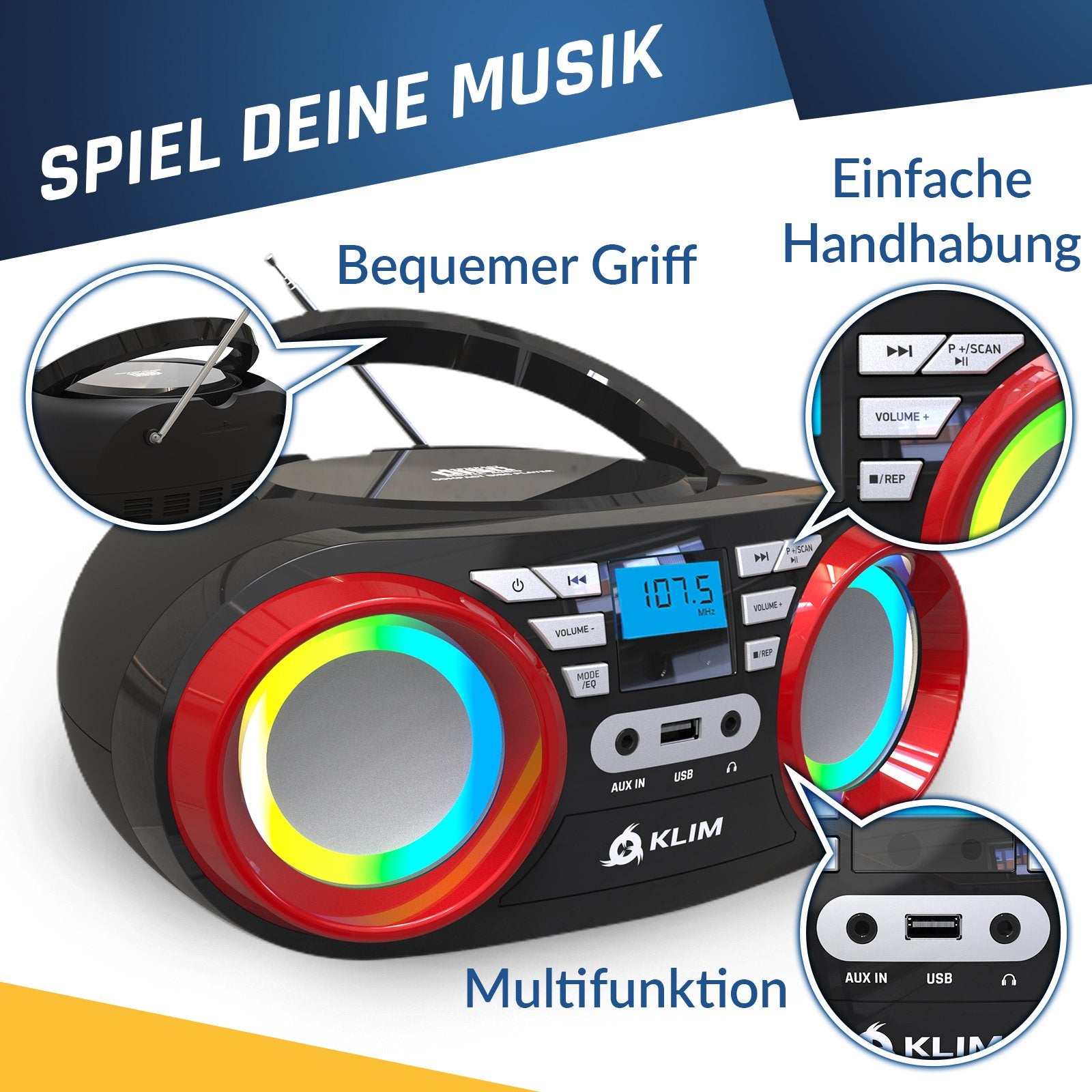 KLIM Boombox B3 Radio CD Player | Bluetooth, MP3 & RGB Lights