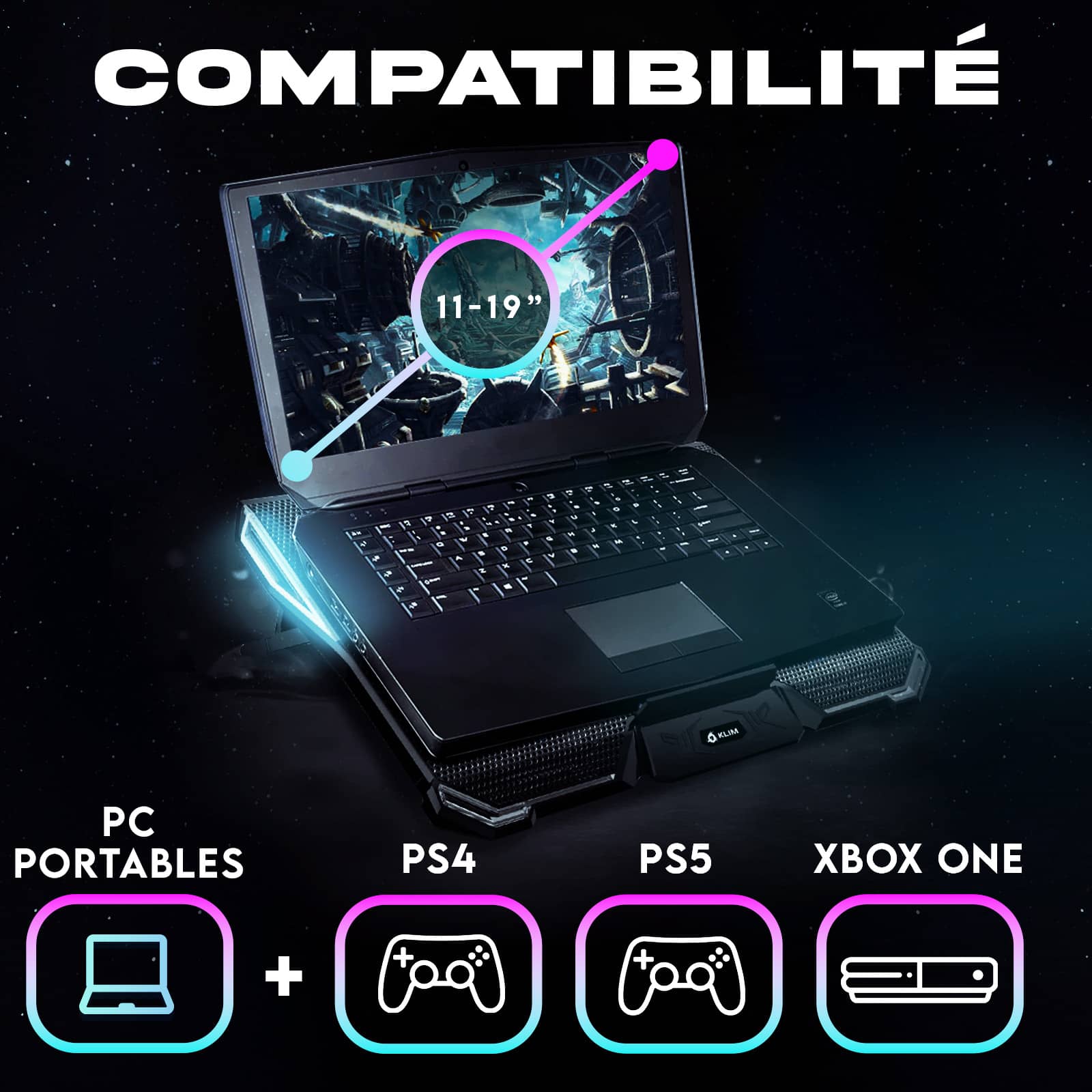 Support pour ordinateur Klim Techs KLIM Nova + Refroidisseur PC portable -  11 à 19 + Éclairage RGB + Support ordinateur portable gaming + Ventilateur  USB + Stable et silencieux +