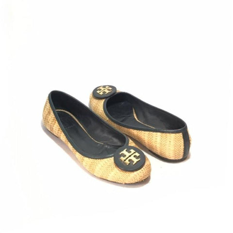 TORY BURCH JUTE & BLACK LEATHER BALLET FLATS