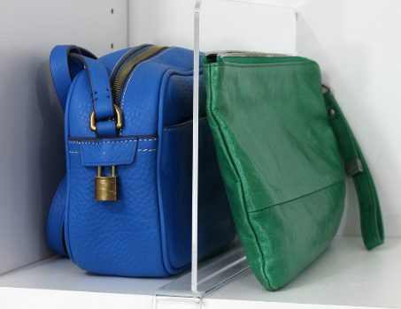 acrylic shelf divider between handbags
