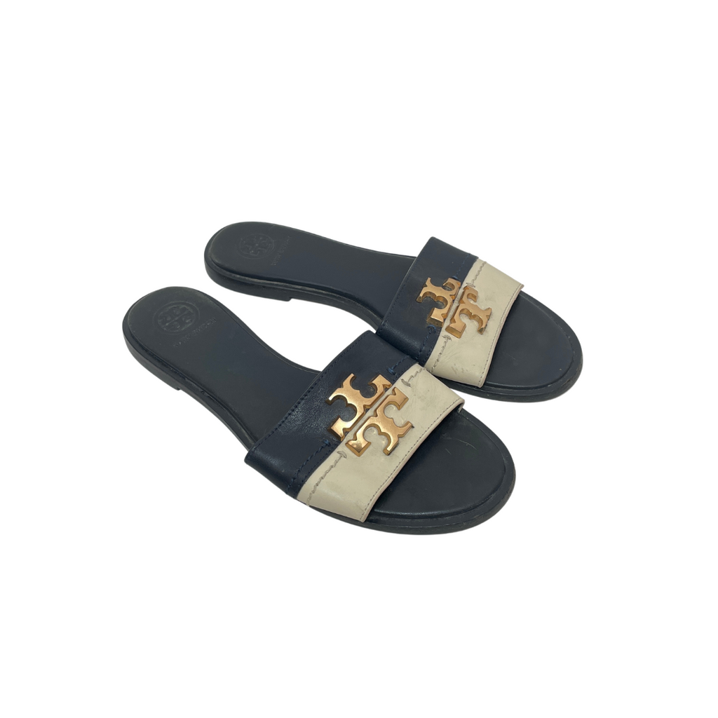 Tory Burch Navy & Cream Leather Logo Slides | Pre Loved | | Secret Stash