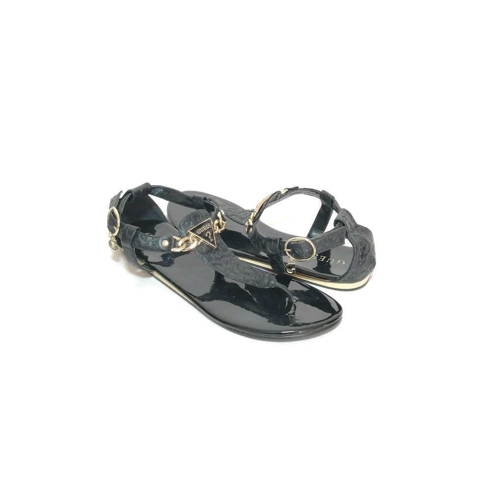 Guess Black Monogram & Gold Chain Thong Sandals | Gently Used ...