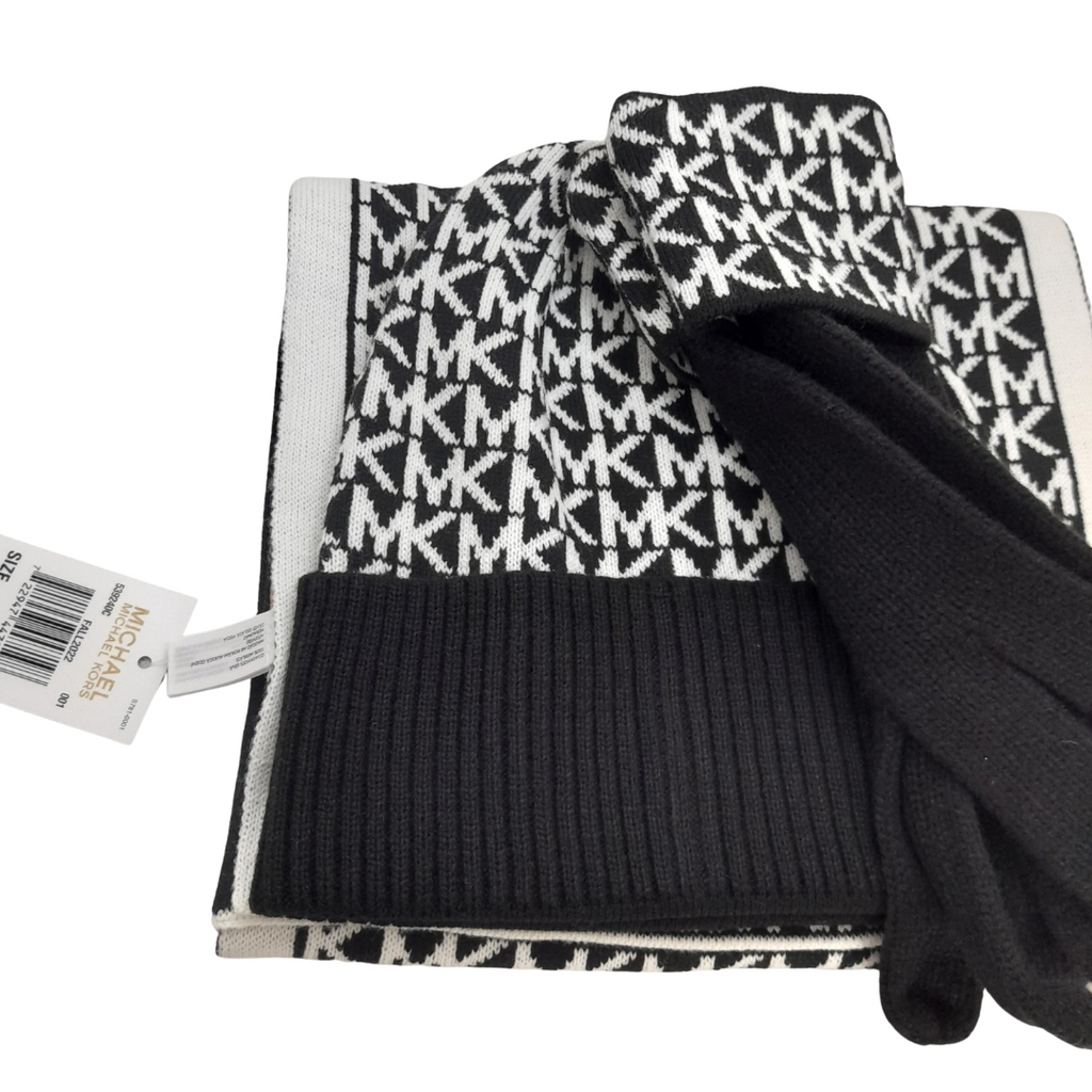 Michael Kors Black and White Monogram Scarf, Hat and Gloves Set | Bran |  Secret Stash
