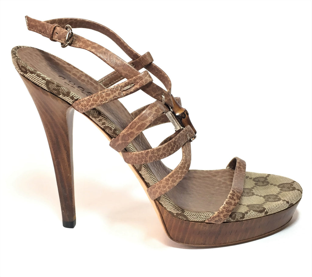 Gucci Brown Leather & Signature Monogram Canvas Strappy Heels | Gently ...
