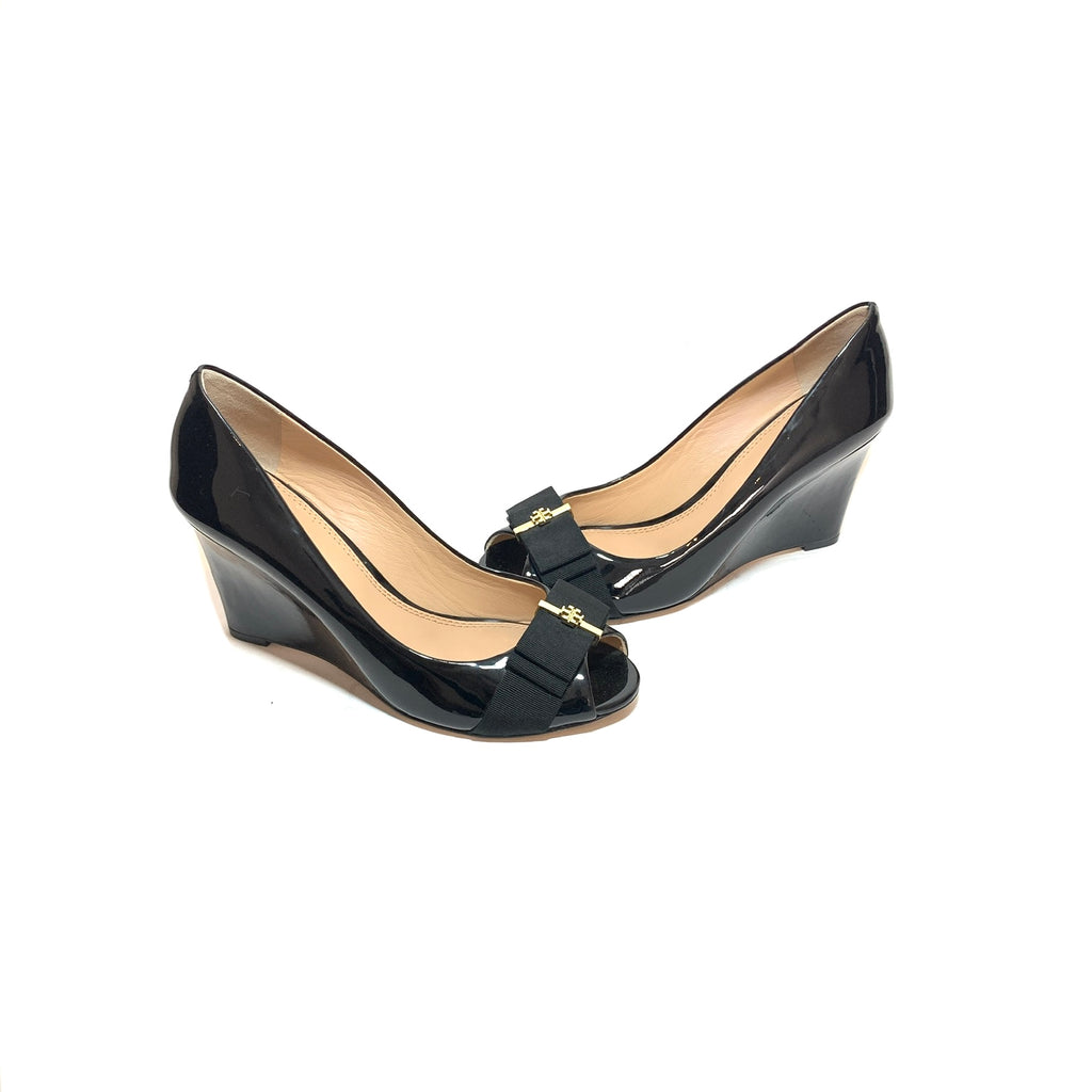 Tory Burch Black Patent Leather 'Trudy' Peep-toe Wedges | Like New | |  Secret Stash