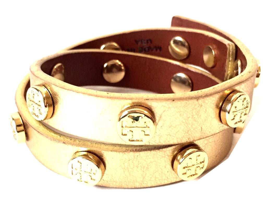 Tory Burch Metallic Gold Double Wrap Logo Stud Leather Bracelet | Gent |  Secret Stash