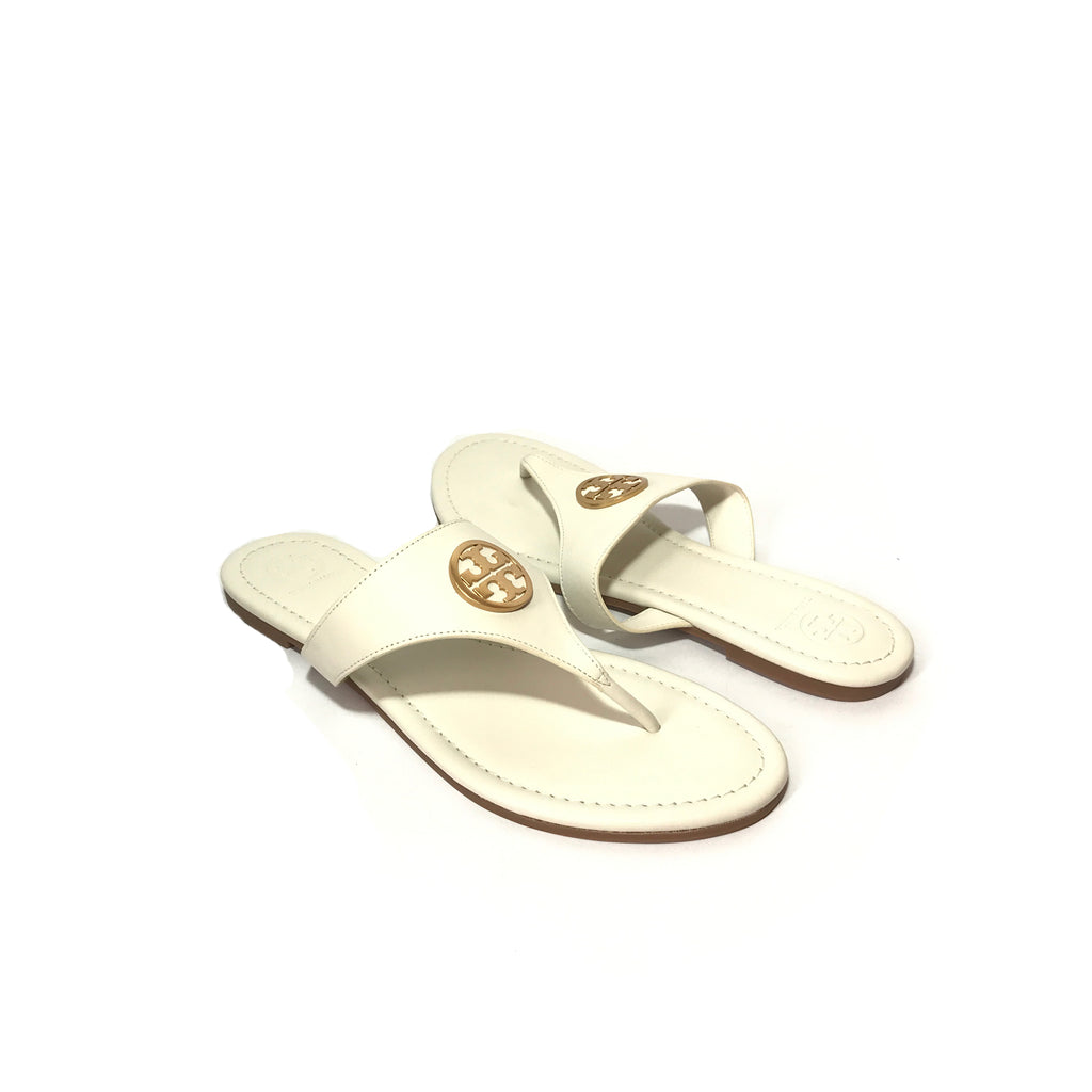 Tory Burch White Leather & Gold Logo Sandals | Brand New | | Secret Stash