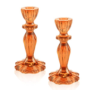 Glass Candle Holders 2PCS Pillar Candle Holders Decorative Candlestick Holders Table Centerpieces Valentines Wedding Home Decor Orange - MayaTrendy