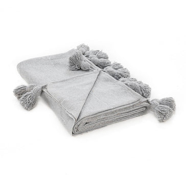 Moroccan Pom Pom Blanket, Silver on White with White Pom Poms – Casablanca  Market