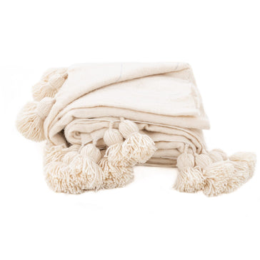 Natural Handwoven Moroccan Cotton Throw Blanket with Chocolate Brown Pom  Poms – Yuba Mercantile