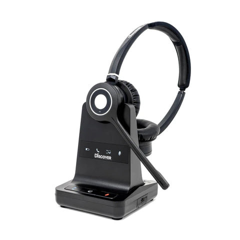 Discover Adapt 30 double ear wireless headset shown with charging base
