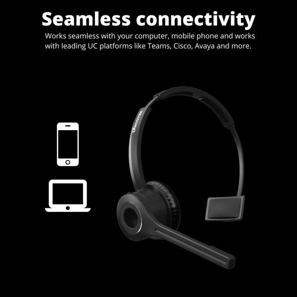 Image of Discover Adapt 20 headset next to icons of mobile phone and computer