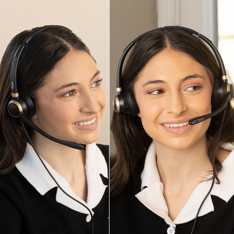 two side by side images of a woman wearing a headset