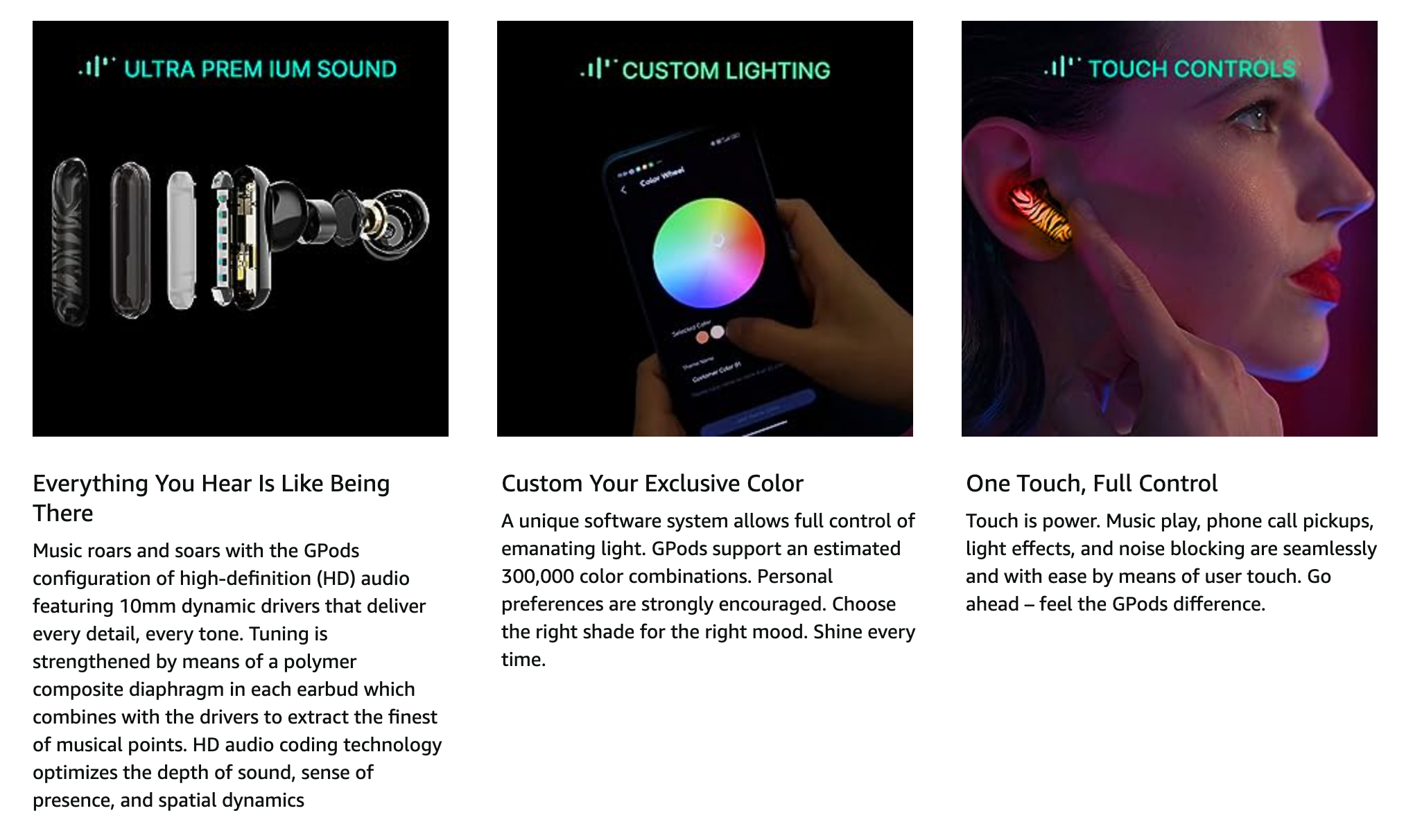 HHOGene سماعات اذن لاسلكية جي بودز RGB مع تحكم في الإضاءة LED بلوتوث ANC بالوان قوس قزح - مقاومة للعرق IPX4 لأجهزة آيفون وأندرويد