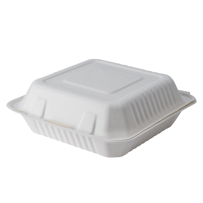 9” x 9” PFAS Free Bagasse Compostable Hinge Togo Container, White