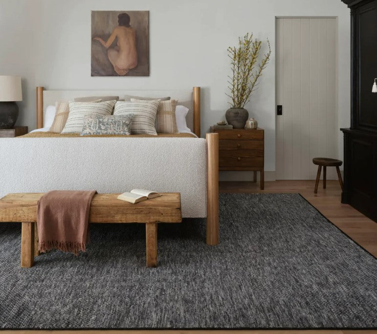 Amber Lewis Loloi Collins COI-01 Area Rug in Charcoal Denim styled in Bedroom by Amber Lewis Interiors