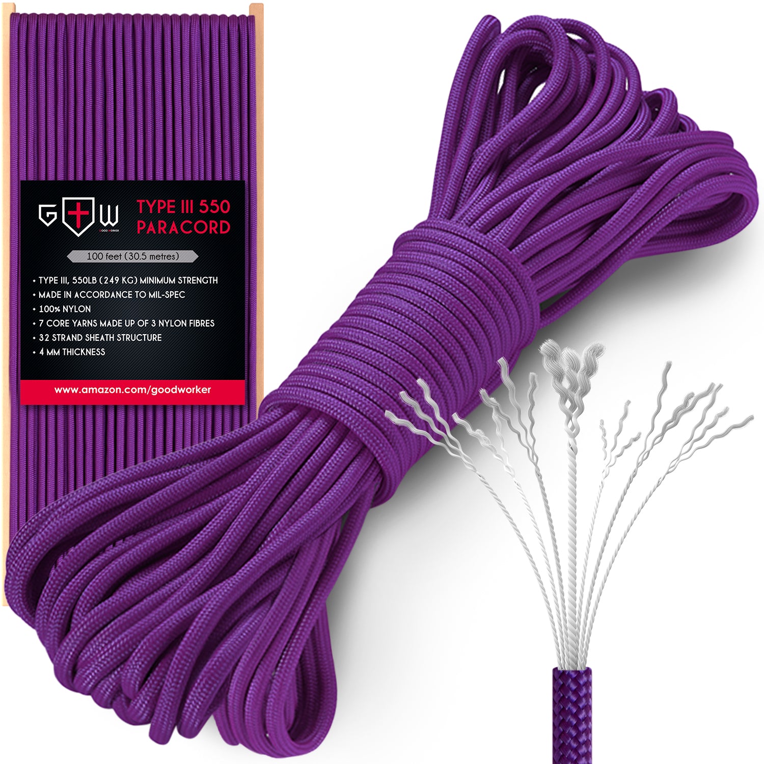 550 Paracord type III, Colour: Red, 100ft (30,48 m