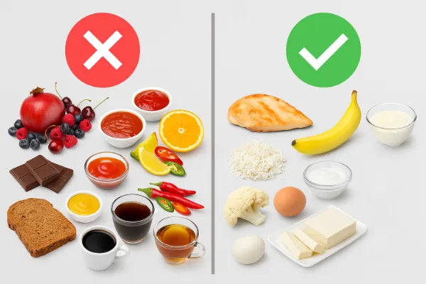 Visual comparison of foods to avoid and foods to eat after teeth whitening—left side shows staining items and right side displays safe choices