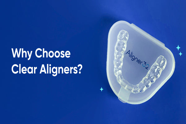An image of Aligner32 clear aligner in its box, and the words why choose aligners