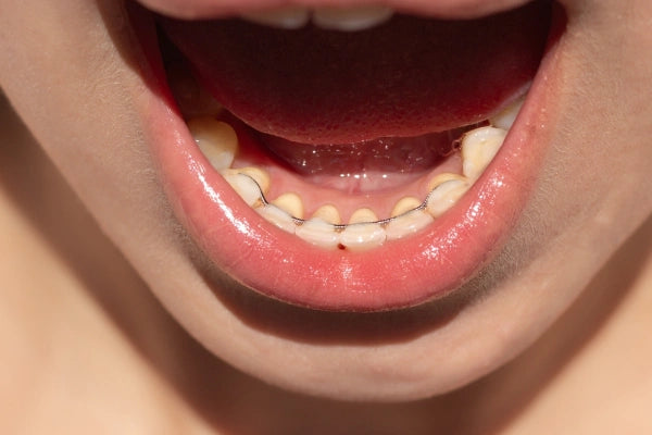 A close-up image of a woman with a permanent retainer bonded to her bottom front teeth
