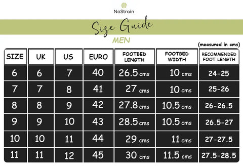 Size Chart For Men's Cork Sandals