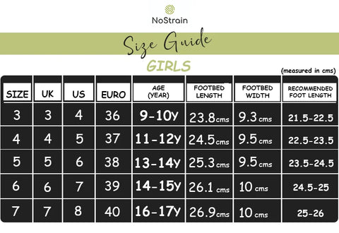 size chart for girls cork sandals