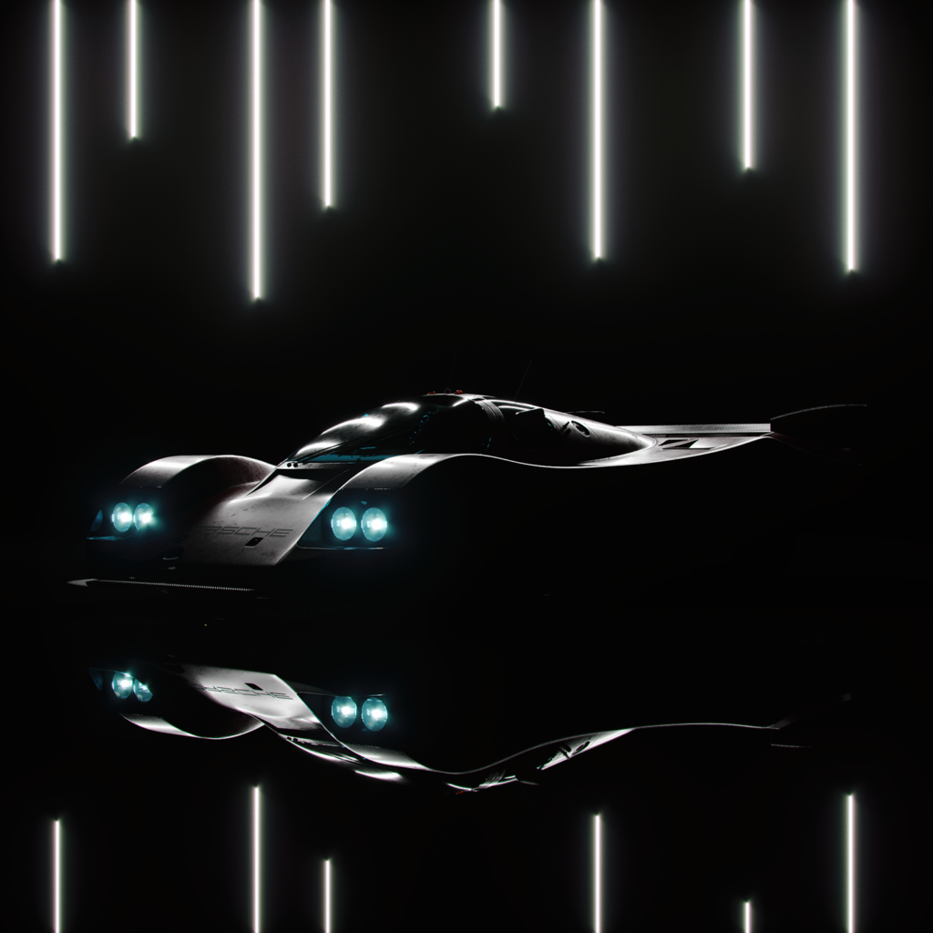 a dark shadowy showcase of the graphic design car reveal of the porsche 917k