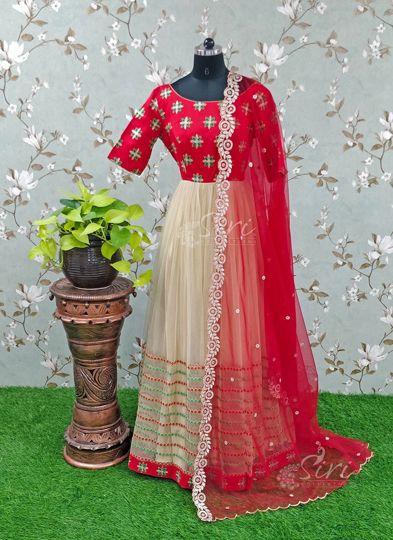 Beautiful Partywear Long Frock In Net Embroidery And Raw Silk ...