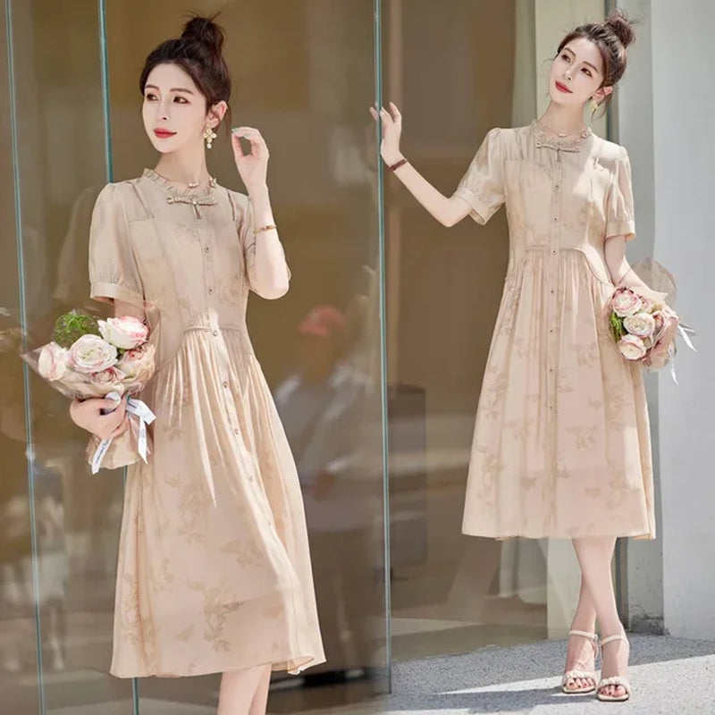 Summer Chiffon Skirt Dress with Short Sleeves