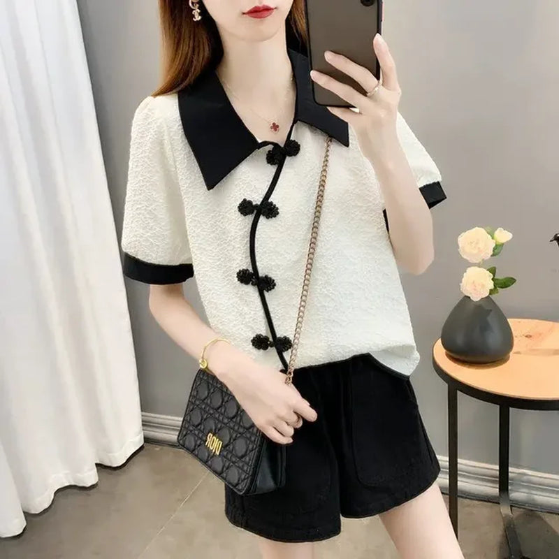 Chiffon Short Sleeve Chinese Dress: Slimming Loose Fit Top