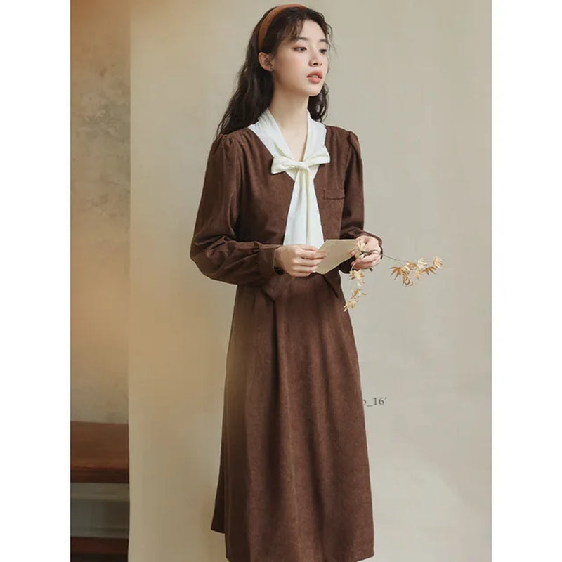 French Academy Style Faux Two-Piece Dress for Women - Slimming Folkloric Design