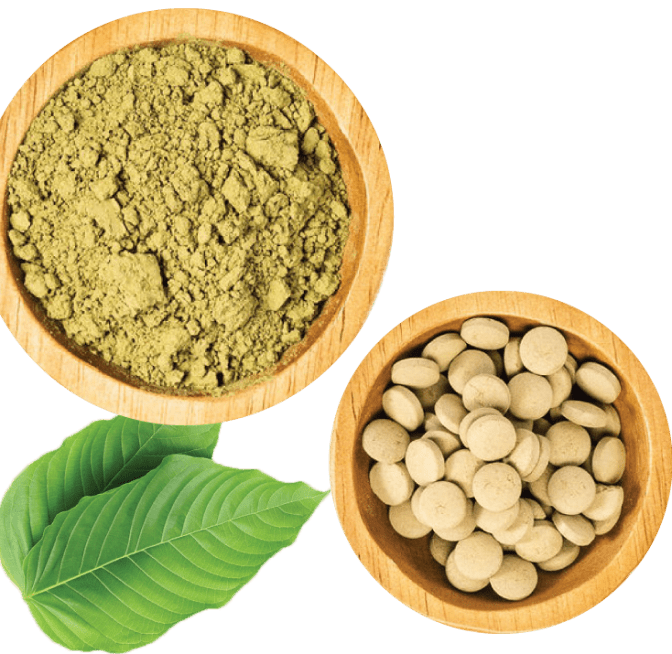 Bowls of green powder and tablets with two green leaves.